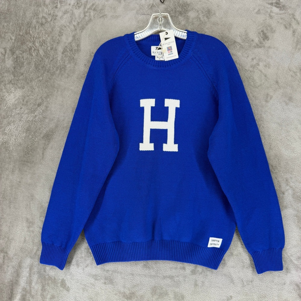 Black College Grad Hampton University Sweater Mens XL Blue Knit Raglan H Logo
